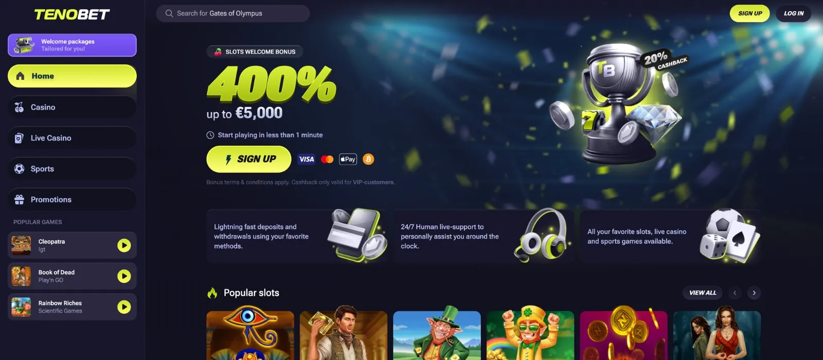 TenoBet casino client — real screenshot 2
